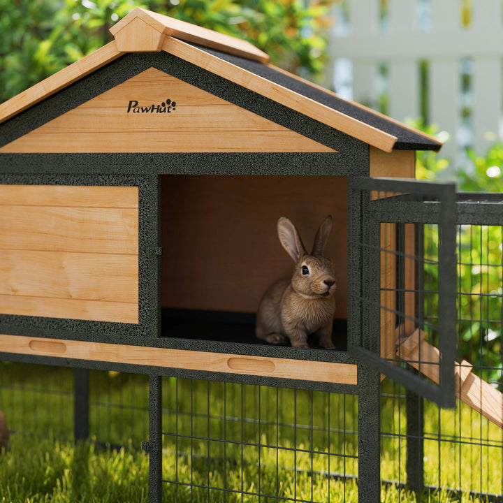 Wooden Rabbit Hutch Outdoor with Steel Run, Wooden Guinea Pig Cage with Removable Plastic Tray, Asphalt Roof, Ramp