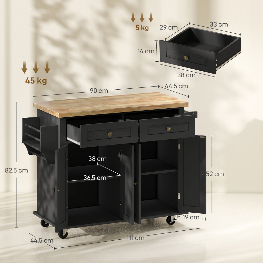 Rolling Kitchen Island Storage Trolley with Rubber Wood Top & Drawers for Dining Room, Black