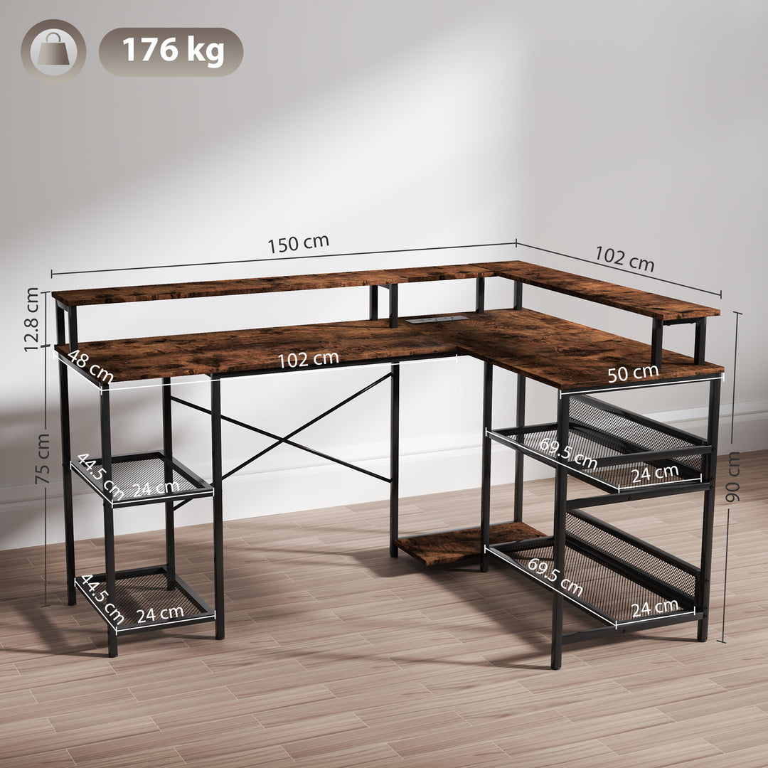 LED Light 'L' Computer Desk, with Shelves - Brown