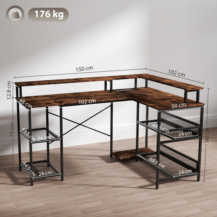 LED Light 'L' Computer Desk, with Shelves - Brown