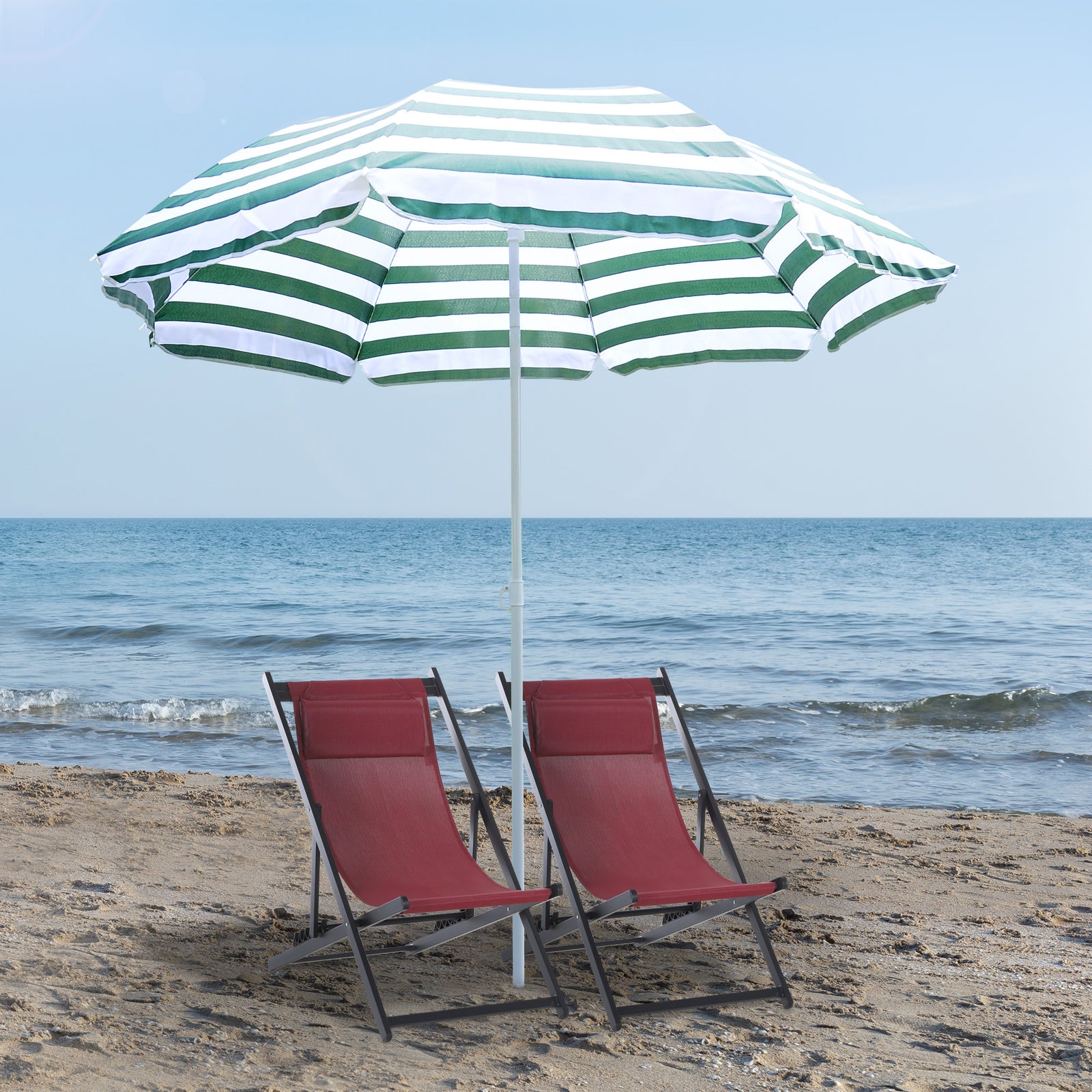 1.8m Beach Parasol Umbrella with Tilt Canopy, Lightweight Patio Garden Sunshade with 8 Ribs, Green & White Stripe