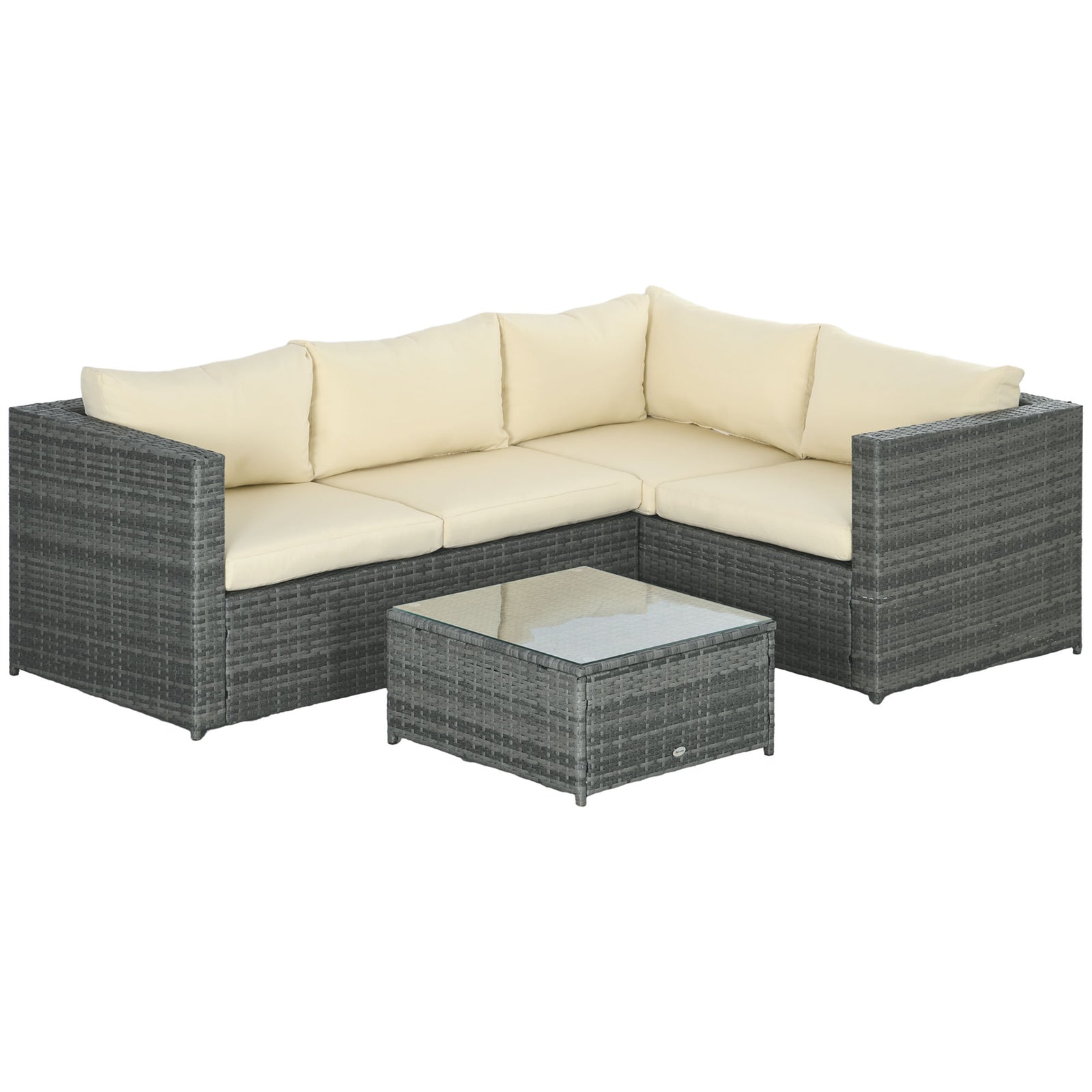 3 Pieces PE Rattan Garden Furniture Set with 10 cm Thick Cushions, 4 Seater Garden Corner Sofa Set with Glass Top Coffee Table, Outdoor Furniture for Patio, Porch, Beige