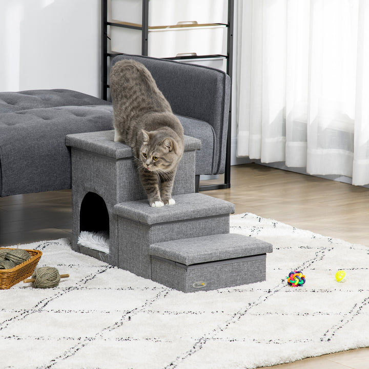 PawHut Dog Steps 3-step Pet Stairs with Kitten House and 2 Storage Boxes, 3 in 1 Dog Ramp for Sofa with Washable Plush Cushion | Aosom UK