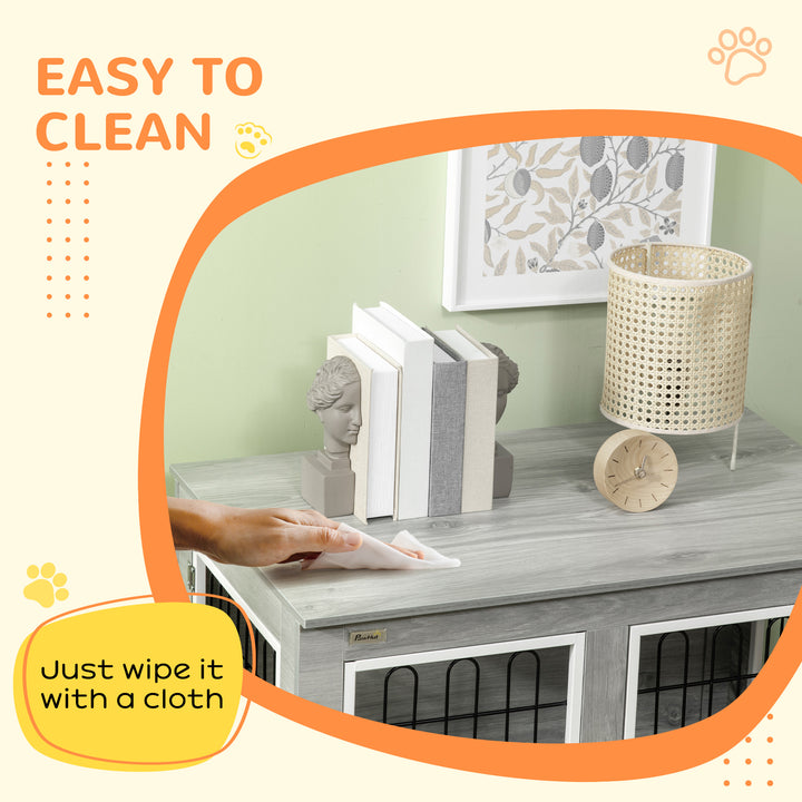 Dog Crate Furniture End Table, with Washable Cushion, Double Doors, for Medium/Large Dogs, Grey