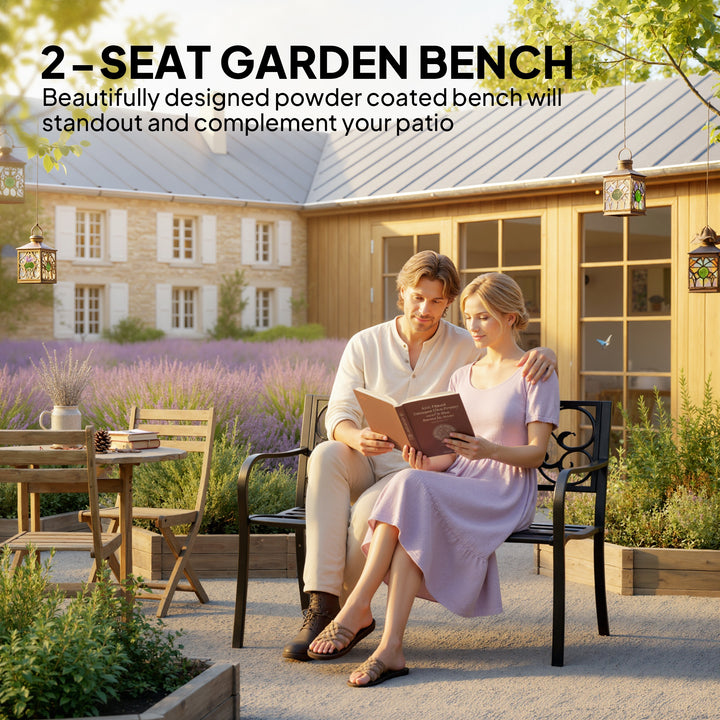 Metal Garden Bench with Floral Backrest and Armrests