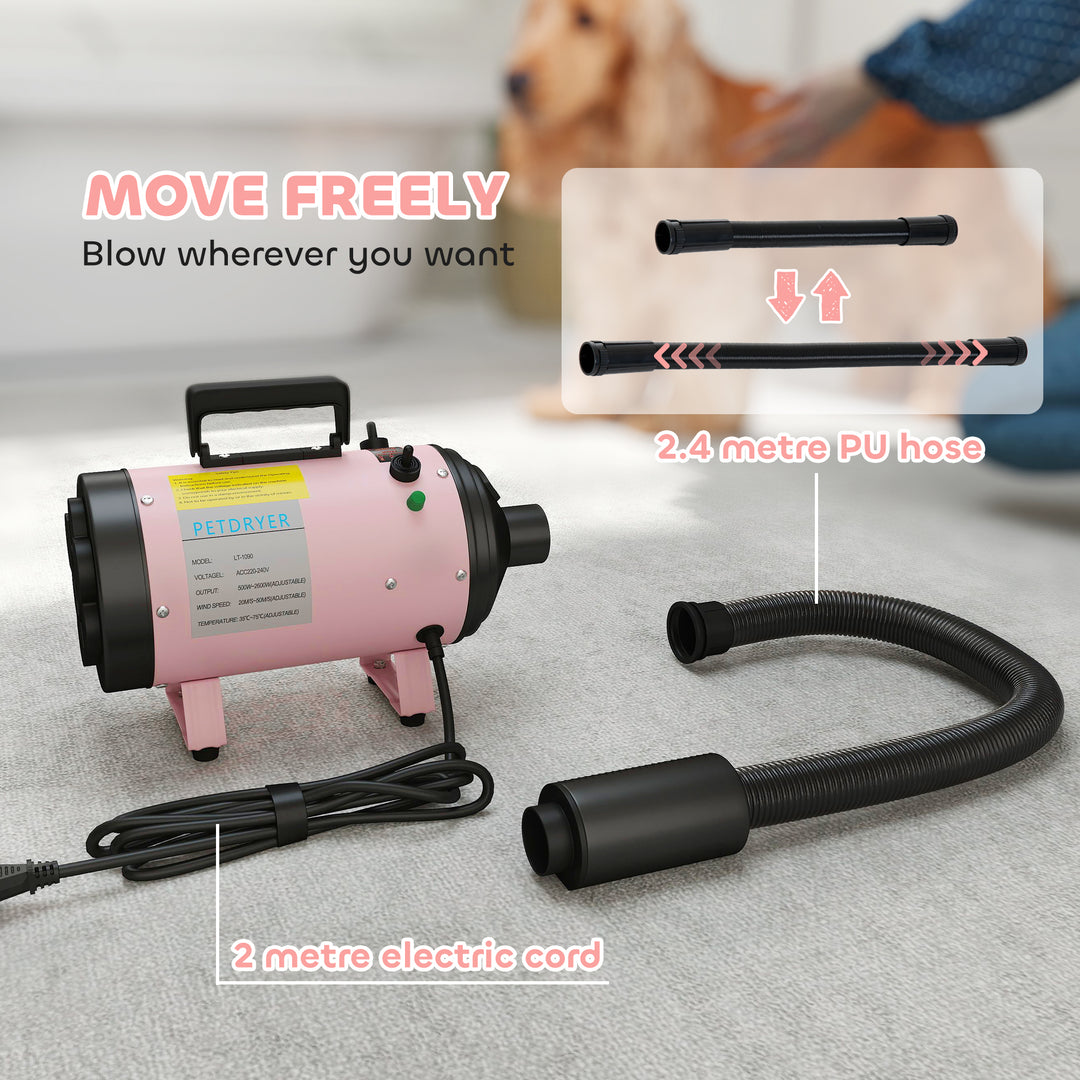 2200W Dog Hair Dryer with Adjustable Temperature & Velocity, 3 Different Nozzles, Pink