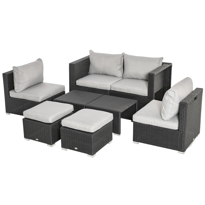 Outsunny 6-Seater Garden Rattan Wicker Sofa Set w/ Coffee Table, Wicker Weave Chair, Space-saving Footstool, Padded Cushions, Black | Aosom UK