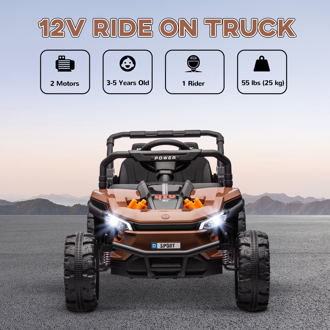 AIYAPLAY 12V Battery Powered Ride on Truck w/ Remote, Four Suspension Wheels, Horn, Lights, Music, USB, for Ages 3-5 Years, Brown