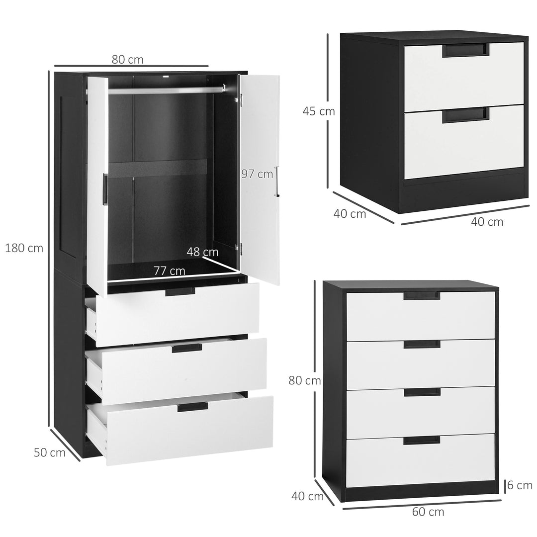 Bedroom Furniture Set, Wardrobe with Hanging Rod, 4 Drawer Chest of Drawers, 2 Bedside Tables with Storage, White and Black