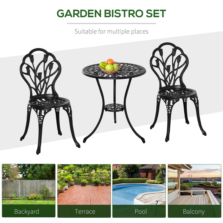 Outsunny 3 Piece Patio Bistro Set, Outdoor Aluminium Garden Table and Chairs with Umbrella Hole for Balcony, Black