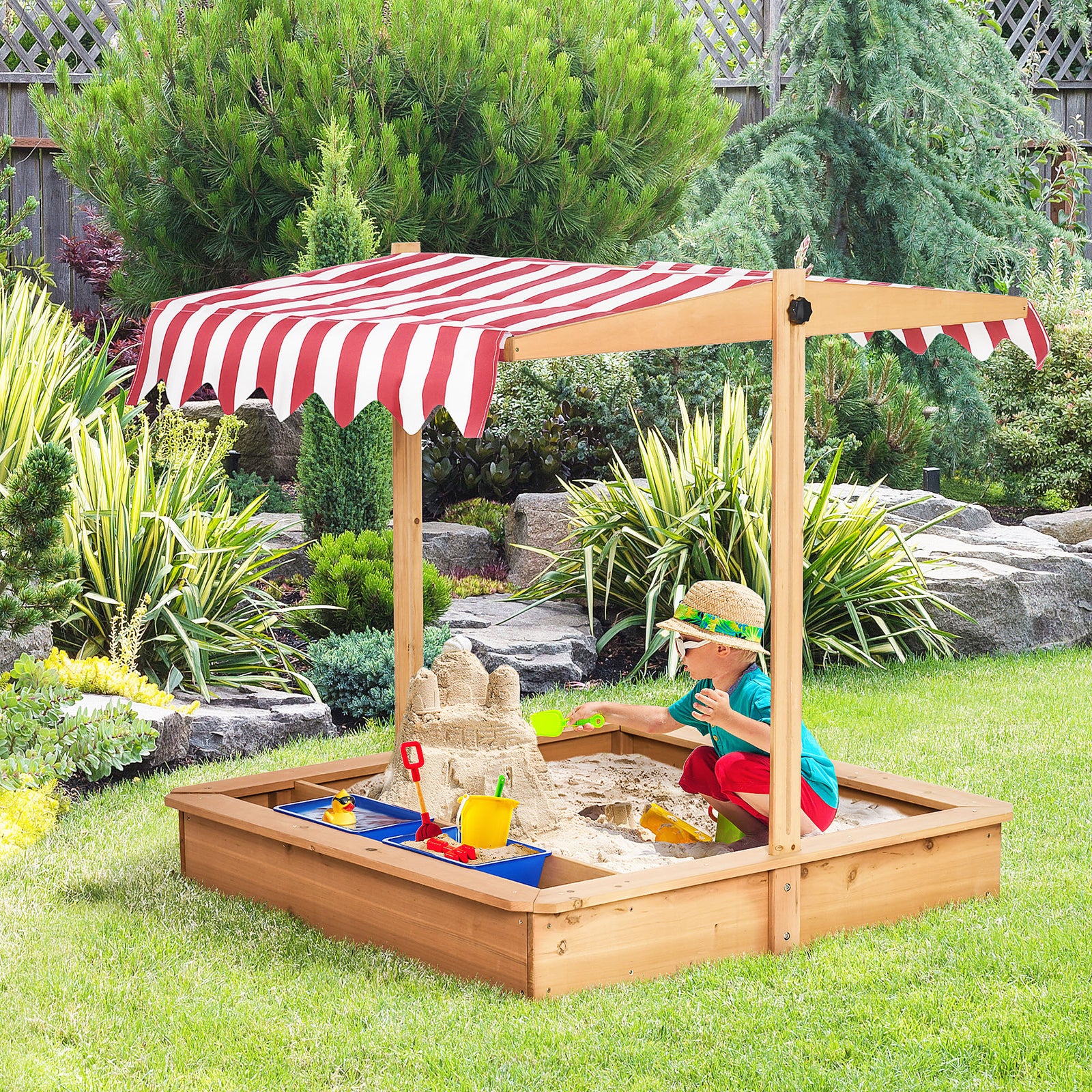 Sand Pit Kids Wooden Sandbox with Cover Children Sandpit Play Station Height Adjustable with Canopy, Bottom Liner, Plastic Basins for Outdoor Aged 3-7 Years