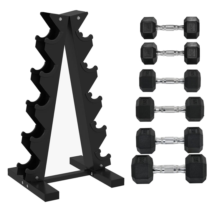 SPORTNOW 5-Tier Dumbbell Rack with 6 Hexagonal Rubber Dumbbells (2x4kg, 2x5kg, 2x6kg), Dumbbell Storage Stand Holder with Weights Sets for Home Gym Fitness, Black