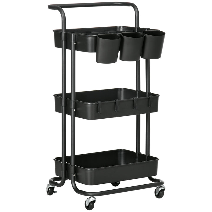 HOMCOM 3 Tier Utility Rolling Cart, Kitchen Cart with 3 Removable Mesh Baskets, 3 Hanging Box, 4 Hooks & Dividers for Living Room, Black | Aosom UK