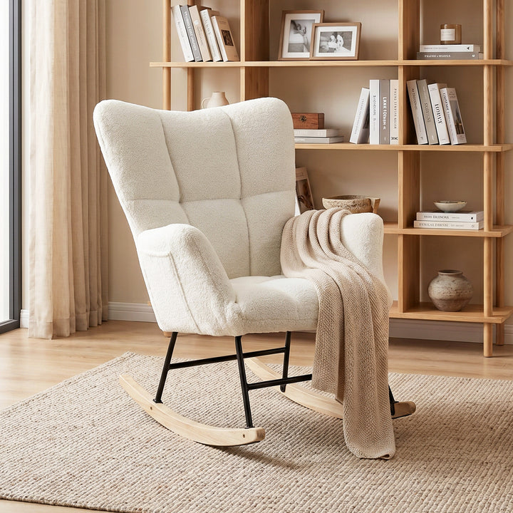 Rocking Chair, Teddy Fleece Rocker Chair with Tufted Wingback, Side Po