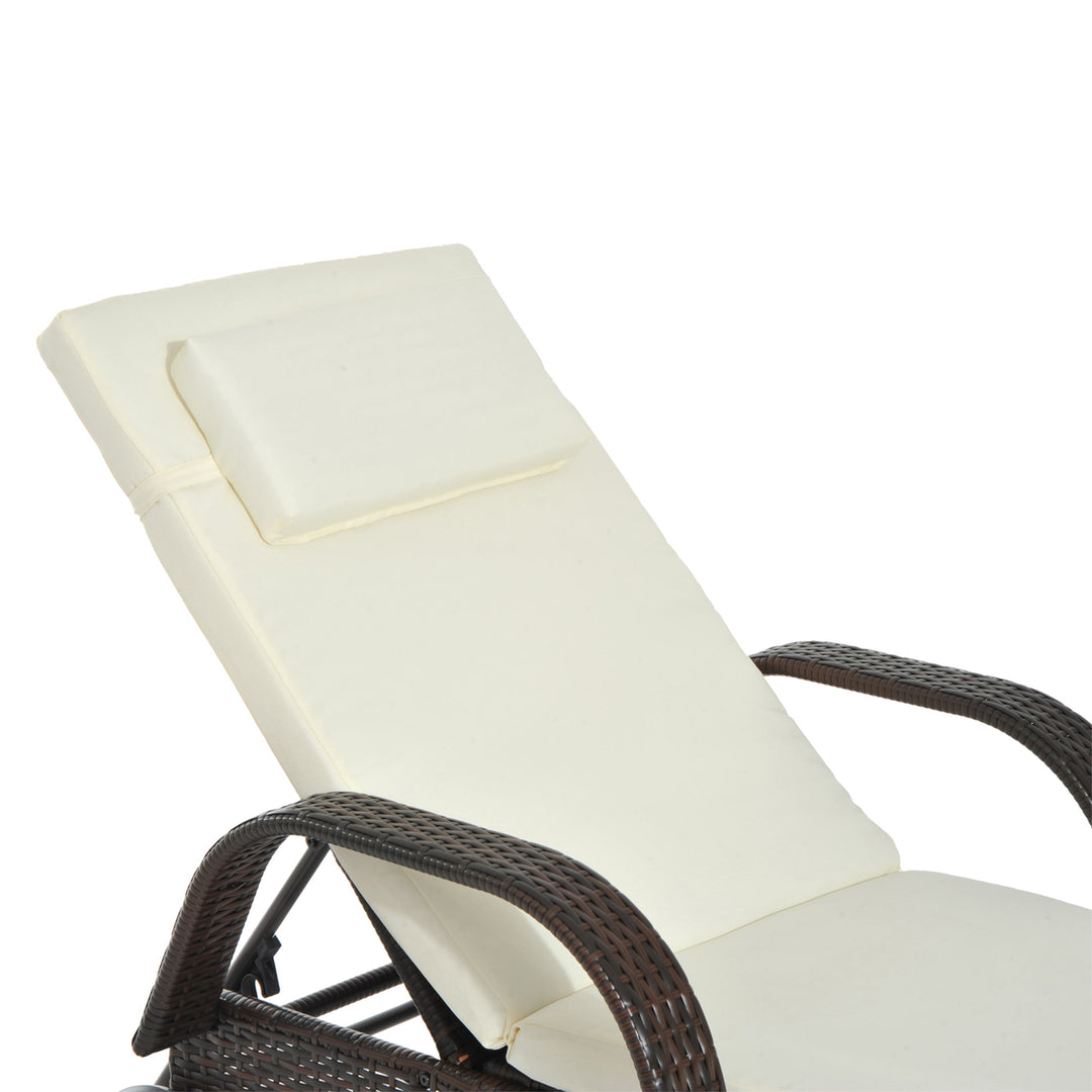 Outsunny Adjustable Rattan Sun Lounger Garden Recliner Bed Reclining Chair w/ Removable Headrest & Thickened Cushion, Brown