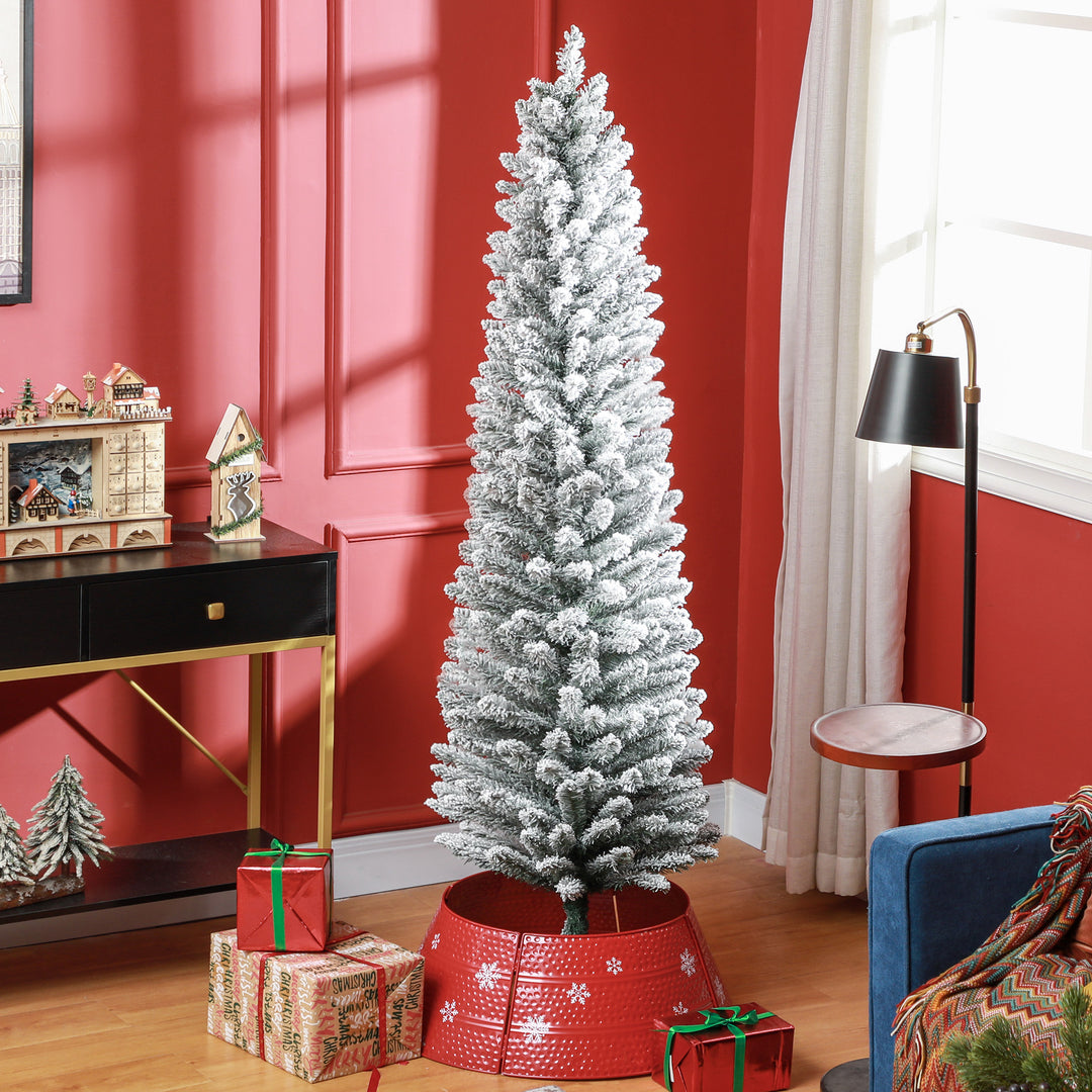 HOMCOM 6ft Artificial Pencil Christmas Tree with 329 Snow Flocked Tips, Metal Base, Realistic Xmas Tree | Aosom UK