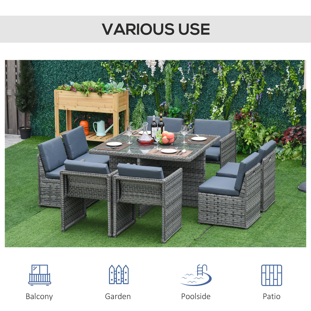 8 Seater Rattan Cube Garden Furniture Set with Parasol Hole, Rattan Dining Set with Cushions, Outdoor Dining Table and Chairs with Square Glass Top Table for Patio, Balcony, Mixed Grey