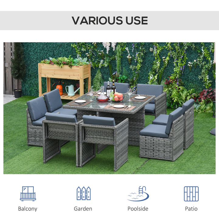 8 Seater Rattan Cube Garden Furniture Set with Parasol Hole, Rattan Dining Set with Cushions, Outdoor Dining Table and Chairs with Square Glass Top Table for Patio, Balcony, Mixed Grey