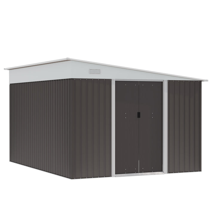 Outsunny 11 x 9 ft Metal Garden Storage Shed Sloped roof Tool House with Double Sliding Doors and 2 Air Vents, Grey