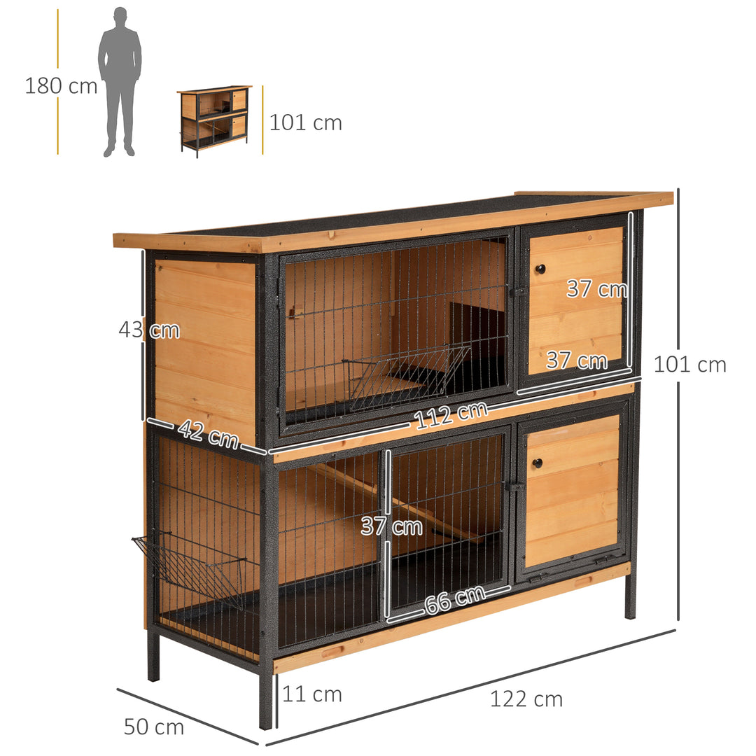 PawHut 2-Floor Wooden Rabbit Hutch Bunny Cage Metal Frame Pet House with Slide-Out Tray Feeding Trough Ramp Lockable Door Openable Roof | Aosom UK