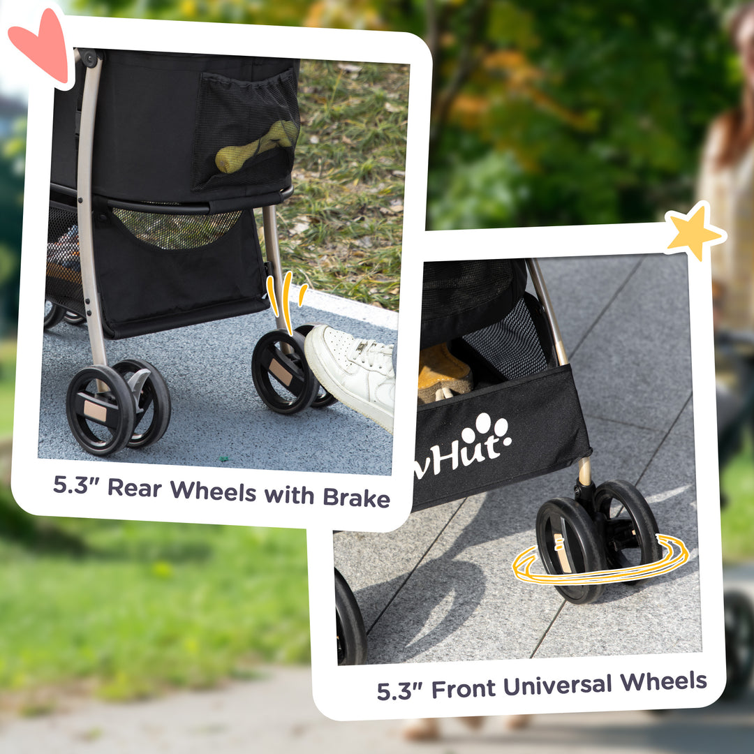 PawHut Detachable Pet Stroller, 3-In-1 Dog Cat Travel Carriage, Foldable with Universal Wheel Brake, Canopy Basket Storage Bag, Black | Aosom UK