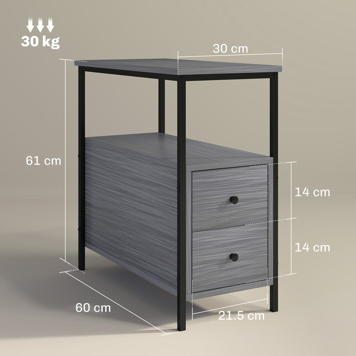 Side Table, Narrow Bedside Table with 2 Drawers and Storage Shelf, Industrial End Table with Metal Frame for Small Spaces, Grey Wood Grain