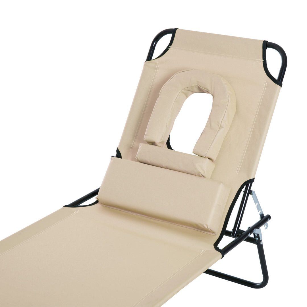 Outdoor Folding Sun Lounger with Face Hole, 4 Level Adjustable Backrest Reclining Garden Lounger, Garden Recliner Sunbed with 600 D Oxford Cloth Seat and Pillow for Beach, Beige