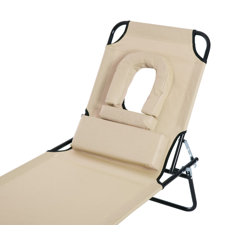 Outdoor Folding Sun Lounger with Face Hole, 4 Level Adjustable Backrest Reclining Garden Lounger, Garden Recliner Sunbed with 600 D Oxford Cloth Seat and Pillow for Beach, Beige