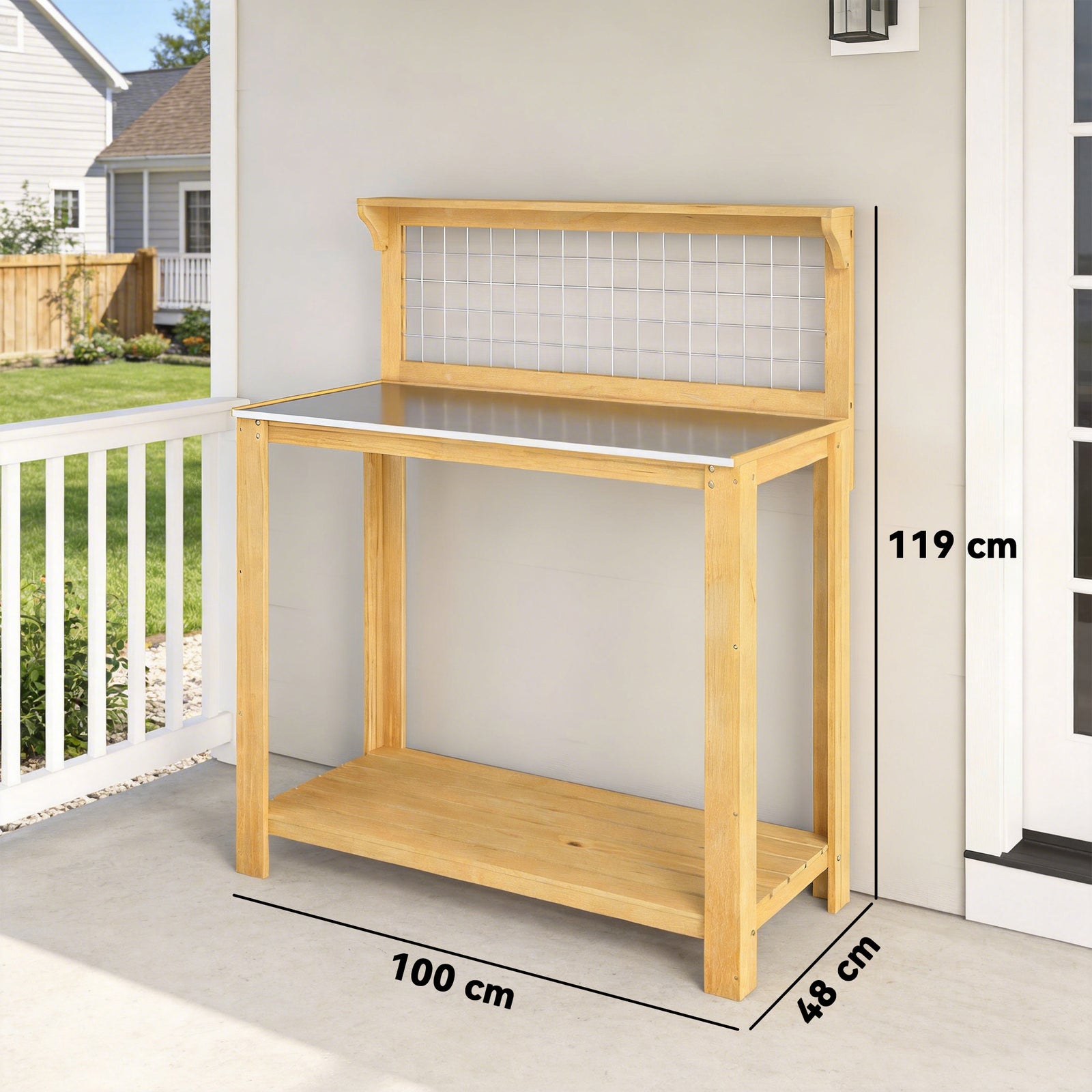 Wooden Potting Bench Table with Aluminium Worktop, Outdoor Garden Work