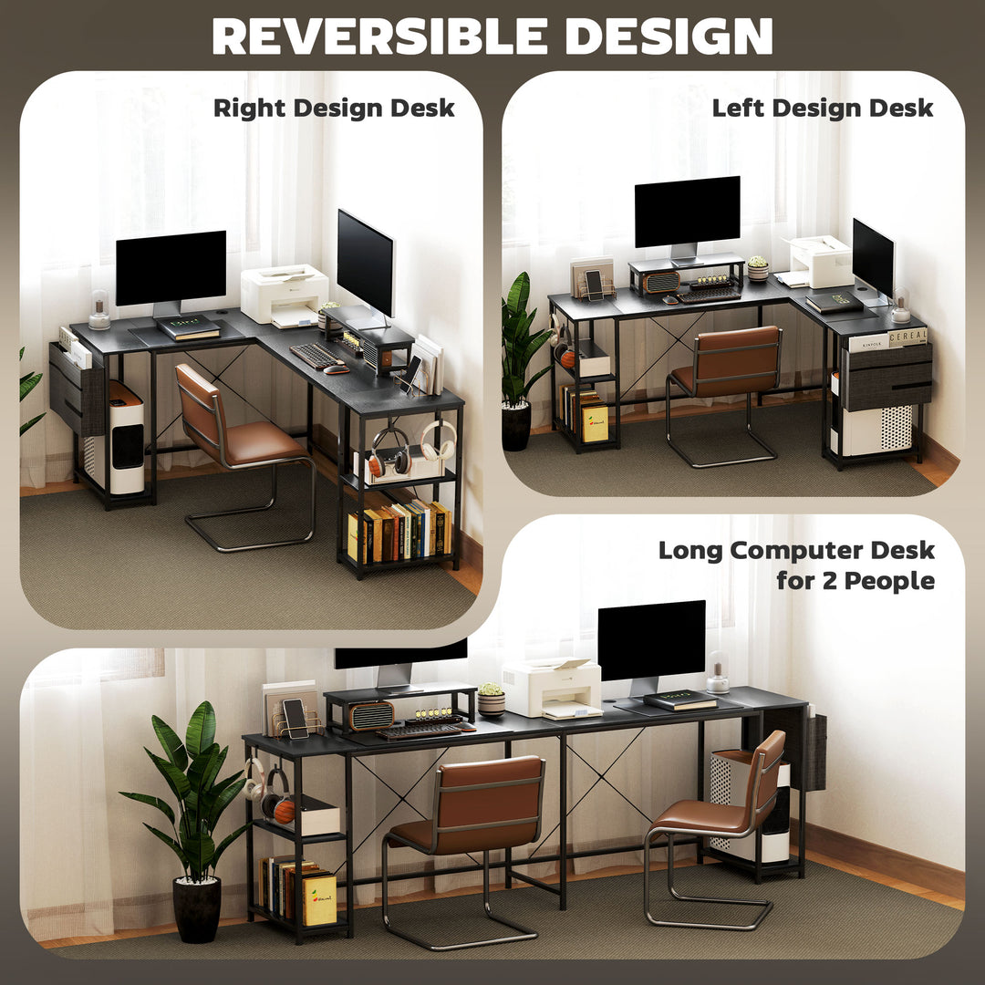 168cm Reversible L Shaped Desk, Industrial Corner Computer Desk with Adjustable Shelf and Storage Bag, 240cm 2 Person PC Table with Monitor Stand, Black