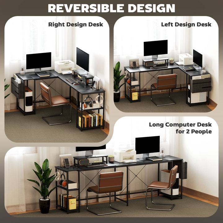 168cm Reversible L Shaped Desk, Industrial Corner Computer Desk with Adjustable Shelf and Storage Bag, 240cm 2 Person PC Table with Monitor Stand, Black