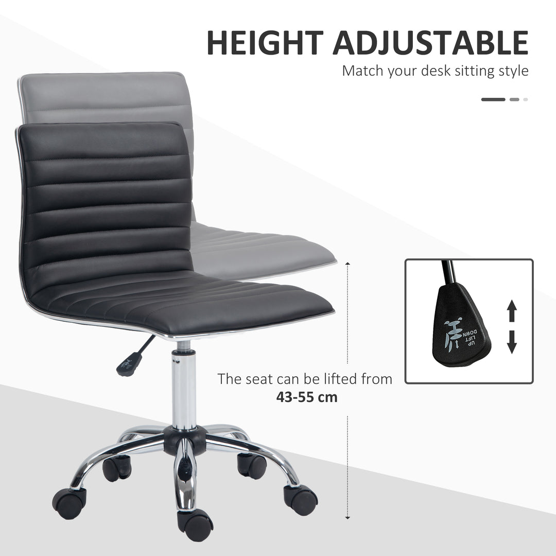 Armless Task Desk Chair, Swivel Office Chair with Faux Leather, Adjustable Seat Height, Chrome Base, Wheels for Home, Black