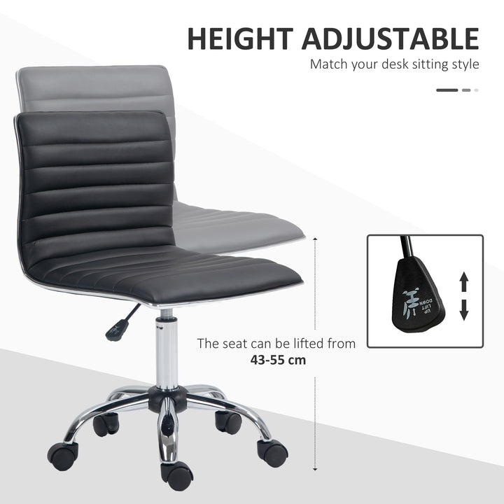 Armless Task Desk Chair, Swivel Office Chair with Faux Leather, Adjustable Seat Height, Chrome Base, Wheels for Home, Black