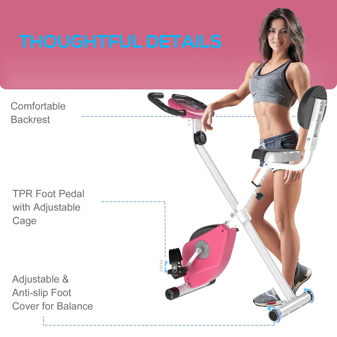 Folding Exercise Bike, Fitness Bicycle Indoor Trainer, 8-Level Magnetic Resistance Adjustable, with LCD Monitor, Pulse Sensor, Pink