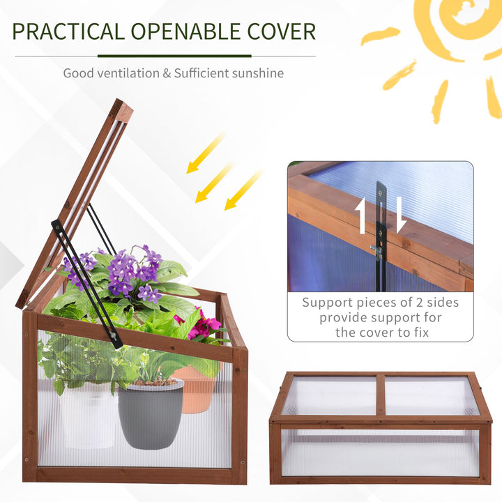 Outsunny Wooden Framed Polycarbonate Cold Frame Greenhouse for Plants Outdoor with Openable & Tilted Top Cover, PC Board, Brown, 100 x 65 x 40cm