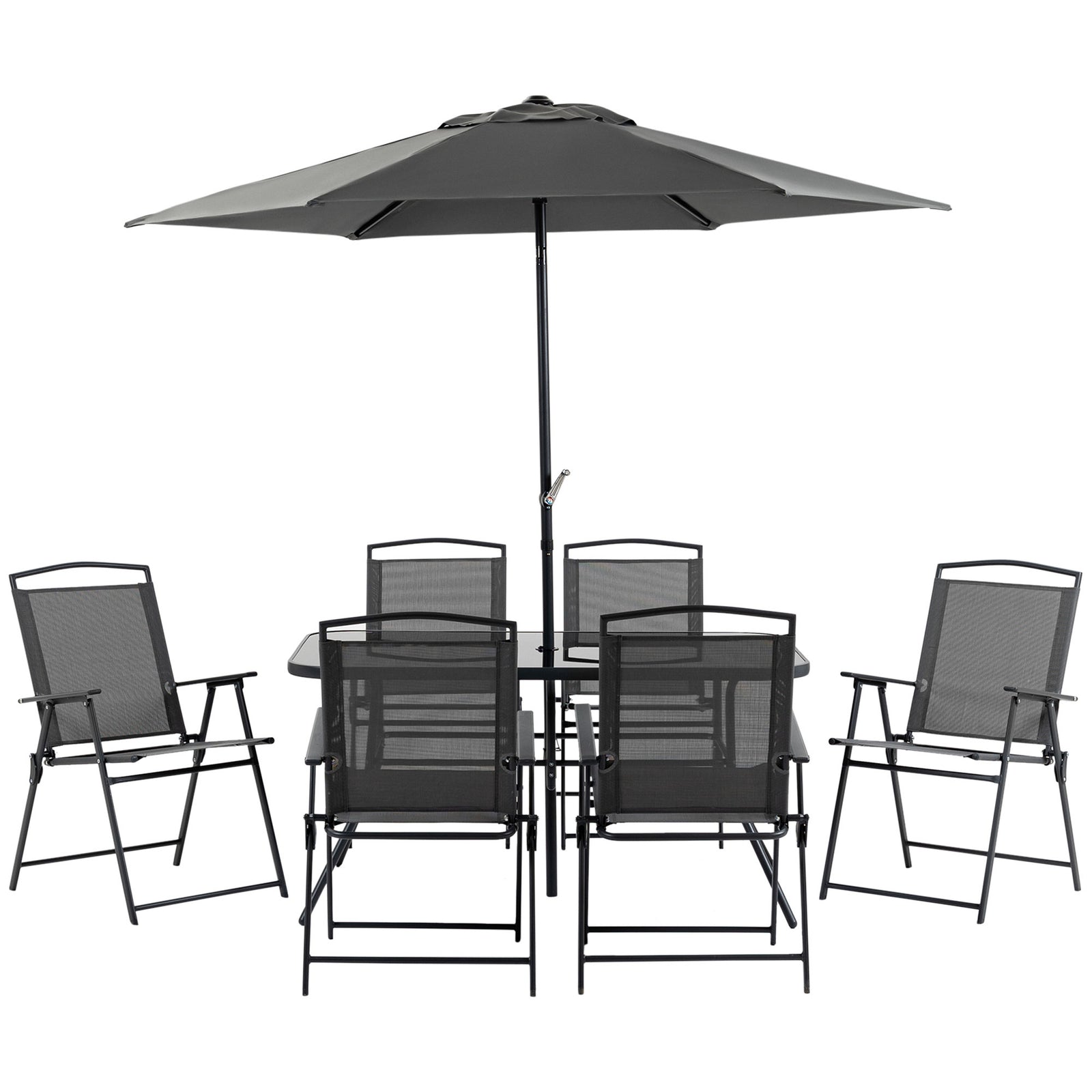 Eight-Piece Garden Dining Set, with Chairs, Table and Parasol - Black