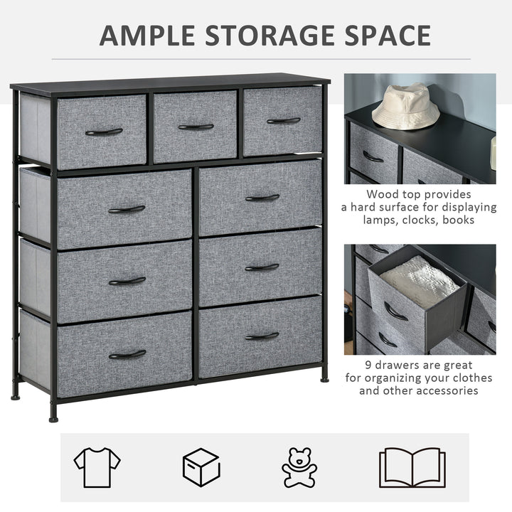 Nine Drawer Fabric Dresser - Grey