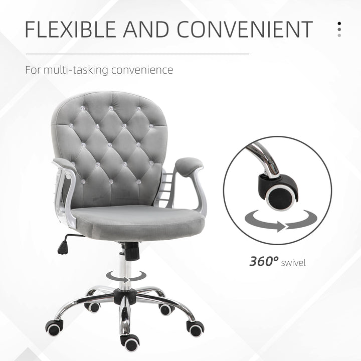 Office Chair, Swivel Desk Chair, Velvet Vanity Chair with Adjustable Height and Rolling Wheels for Home Work Study, Grey