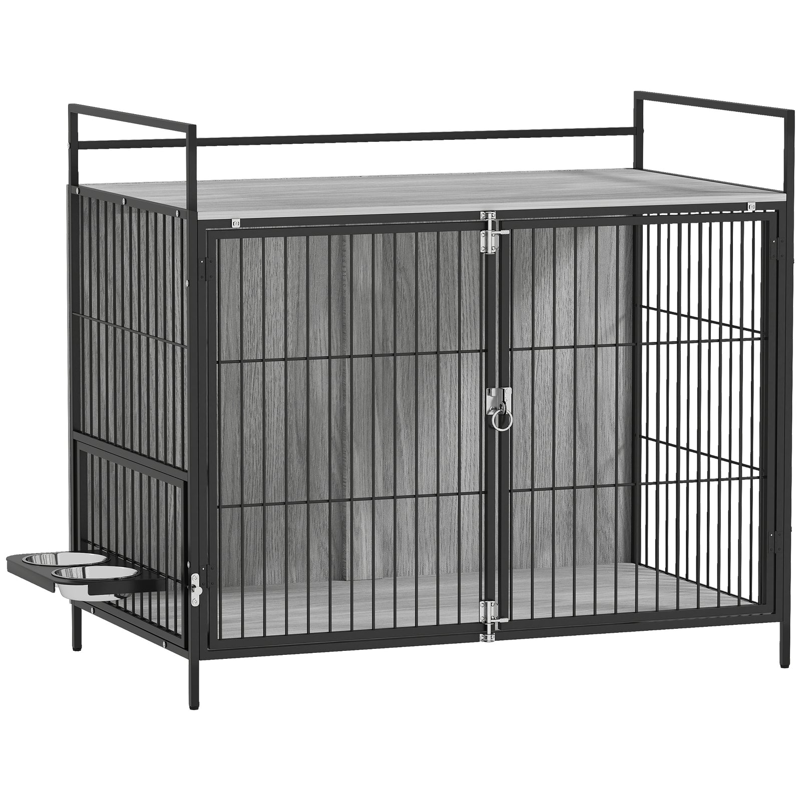 Large Dog Crate Furniture with Rotating Bowl Holder, 2 Bowls, 2 Doors, for Large Dogs, 100 x 60 x 88 cm, Grey