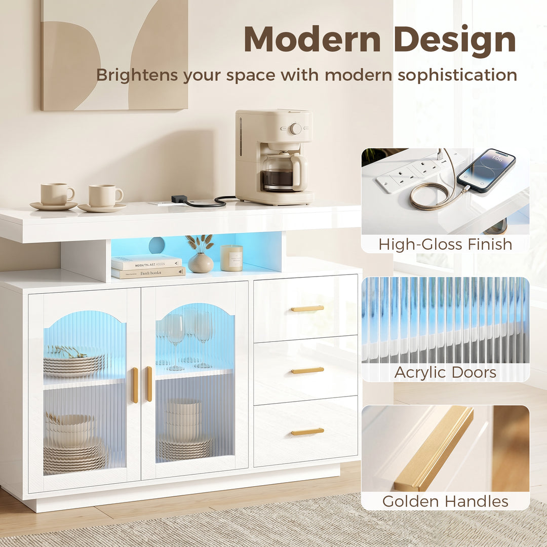 High Gloss Sideboard with LED Lights, Built-in Power Outlets, 3 Drawer