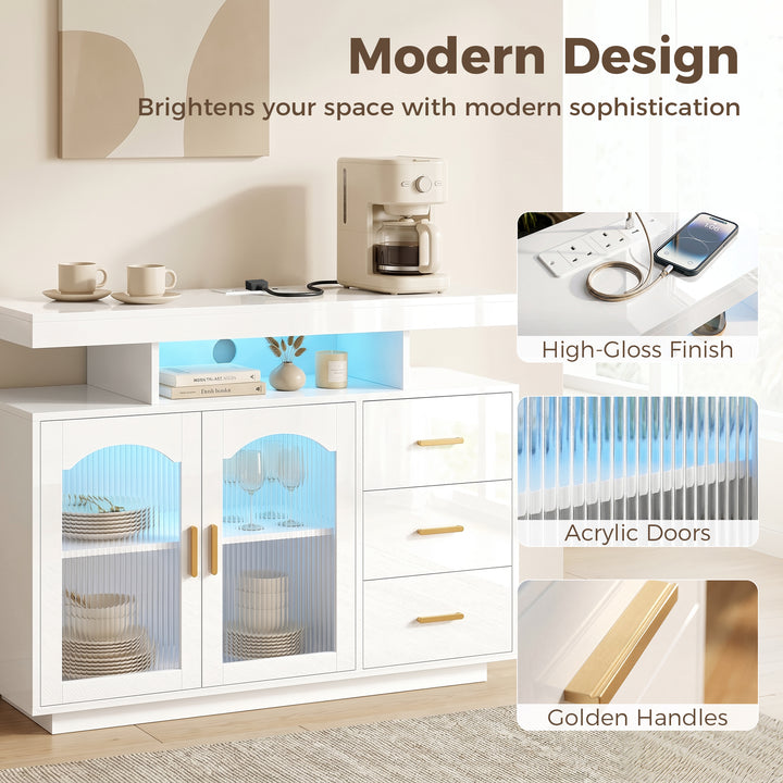 High Gloss Sideboard with LED Lights, Built-in Power Outlets, 3 Drawer