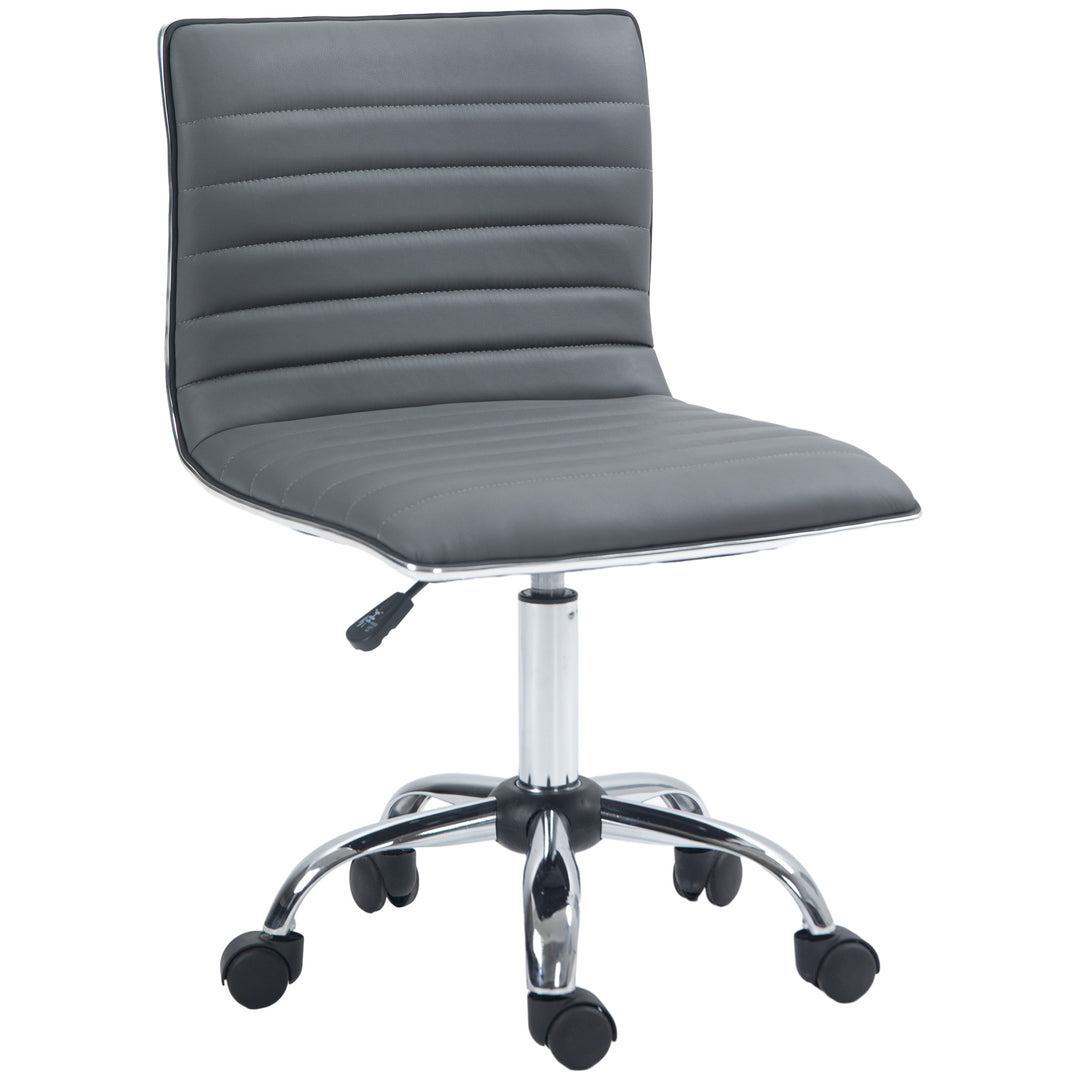 Armless Task Desk Chair, Swivel Office Chair with Faux Leather, Adjustable Seat Height, Chrome Base, Wheels for Home, Dark Grey