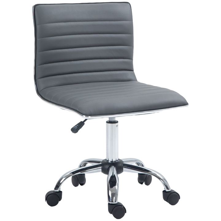 Armless Task Desk Chair, Swivel Office Chair with Faux Leather, Adjustable Seat Height, Chrome Base, Wheels for Home, Dark Grey