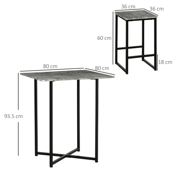 5pc Bar Table Set, Square Dining Table Set for 4 People, Home Kitchen Breakfast Bar Set with Steel Frame and Footrest, Concrete Grey