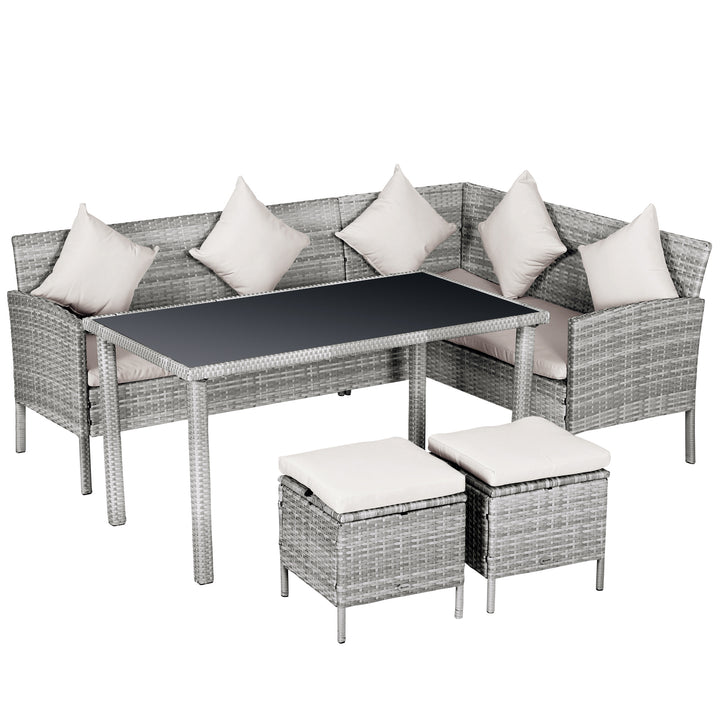 Outsunny 6-Seater Garden Outdoor Patio Rattan Corner Dining Set Wicker Sofa, Foot Stool, Dining Table with White Cushions, Mixed Grey | Aosom UK