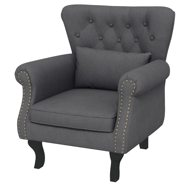 HOMCOM Chesterfield-style Accent Chair, Tufted Wingback Armchair with Pillow, Naihead Trim for Living Room, Bedroom, Dark Grey | Aosom UK