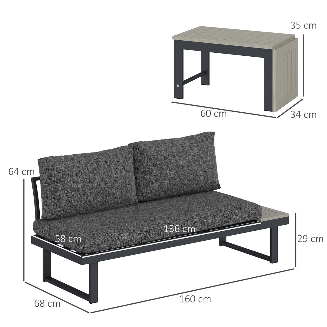 4 Seater L Shaped Aluminium Sectional Garden Furniture Set with 2 Loveseats and Wood-Plastic Coffee Table - Dark Grey