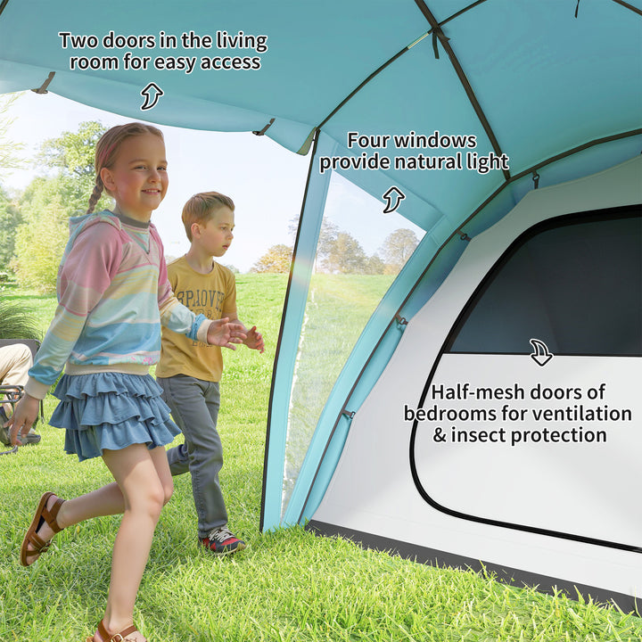 4-6 Man Family Camping Tent w/ 2 Bedrooms and a Living Room, Waterproof Tunnel Tent w/ Sewn In Groundsheet, Doors, Windows, Carry Bag, Blue
