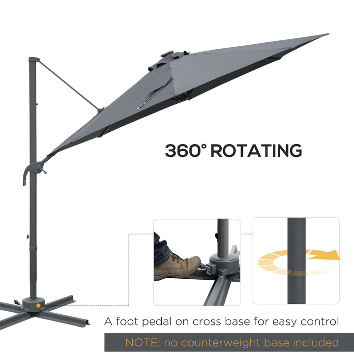 3(m) Cantilever Roma Parasol Patio Sun Umbrella with Crank & Tilt LED Solar Light Cross Base 360° Rotating Outdoor, Dark Grey