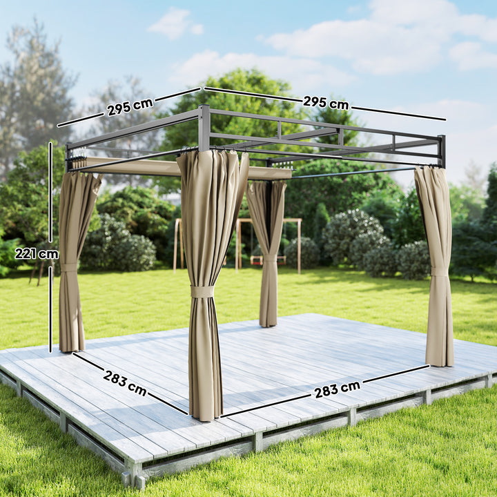3 x 3 m Pergola with Retractable Roof Canopy and Curtains, UPF30+ Metal Frame Garden Pergola Gazebo Sun Shade